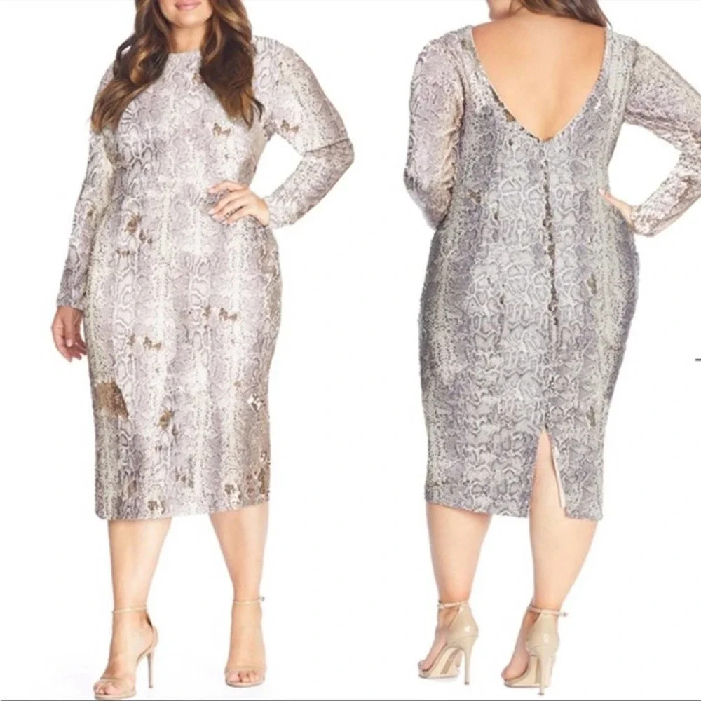 Dress the Population Emery Dress Python Gold Sequin Sheath Long Sleeve Size 3X